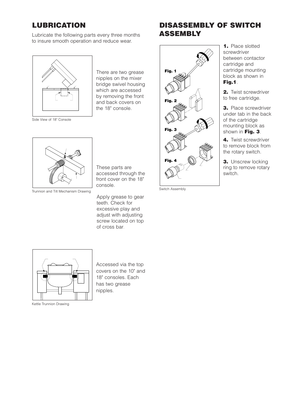 Lubrication, Disassembly of switch assembly, Mixer bridge housing | Trunnion housing, worm screw and tilt gear, Kettle trunnions | Cleveland Range MKDL-125-CC User Manual | Page 38 / 43