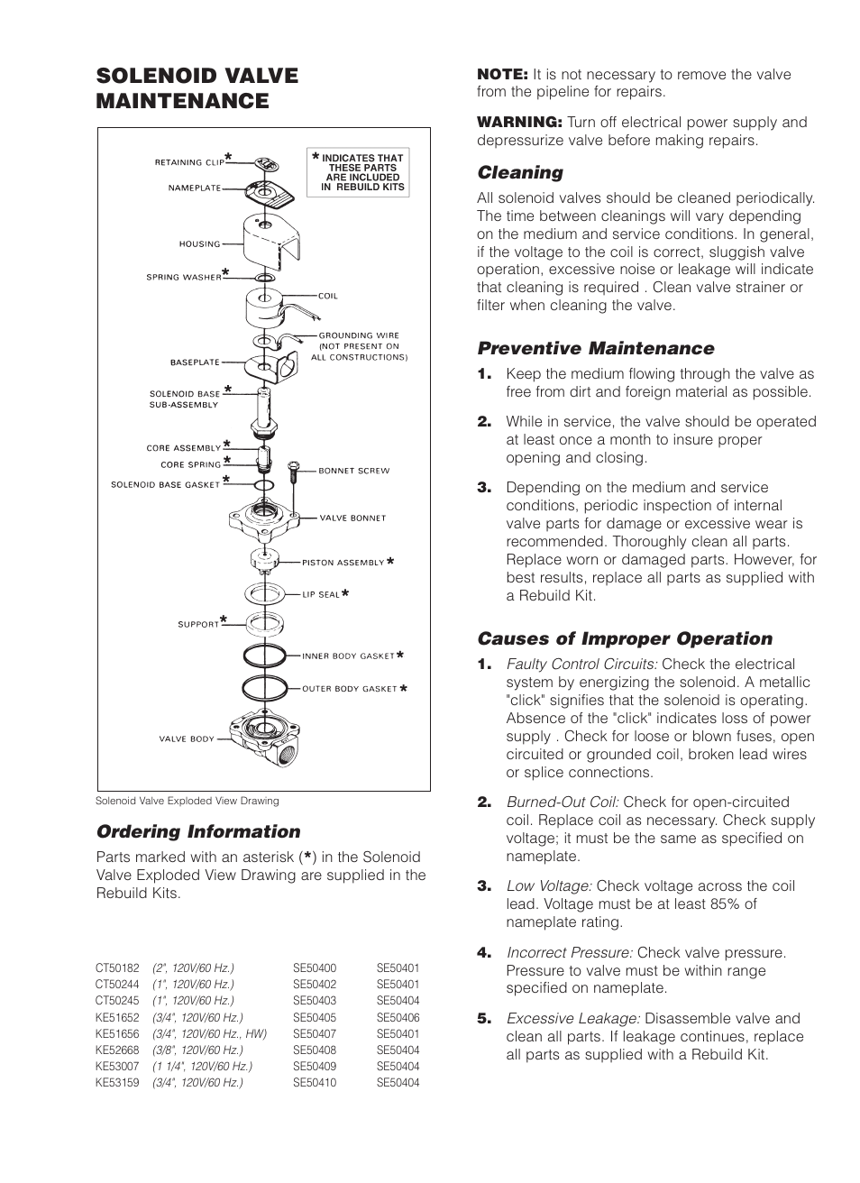 Solenoid valve maintenance, Ordering information, Cleaning | Preventive maintenance, Causes of improper operation | Cleveland Range MKDL-125-CC User Manual | Page 39 / 43
