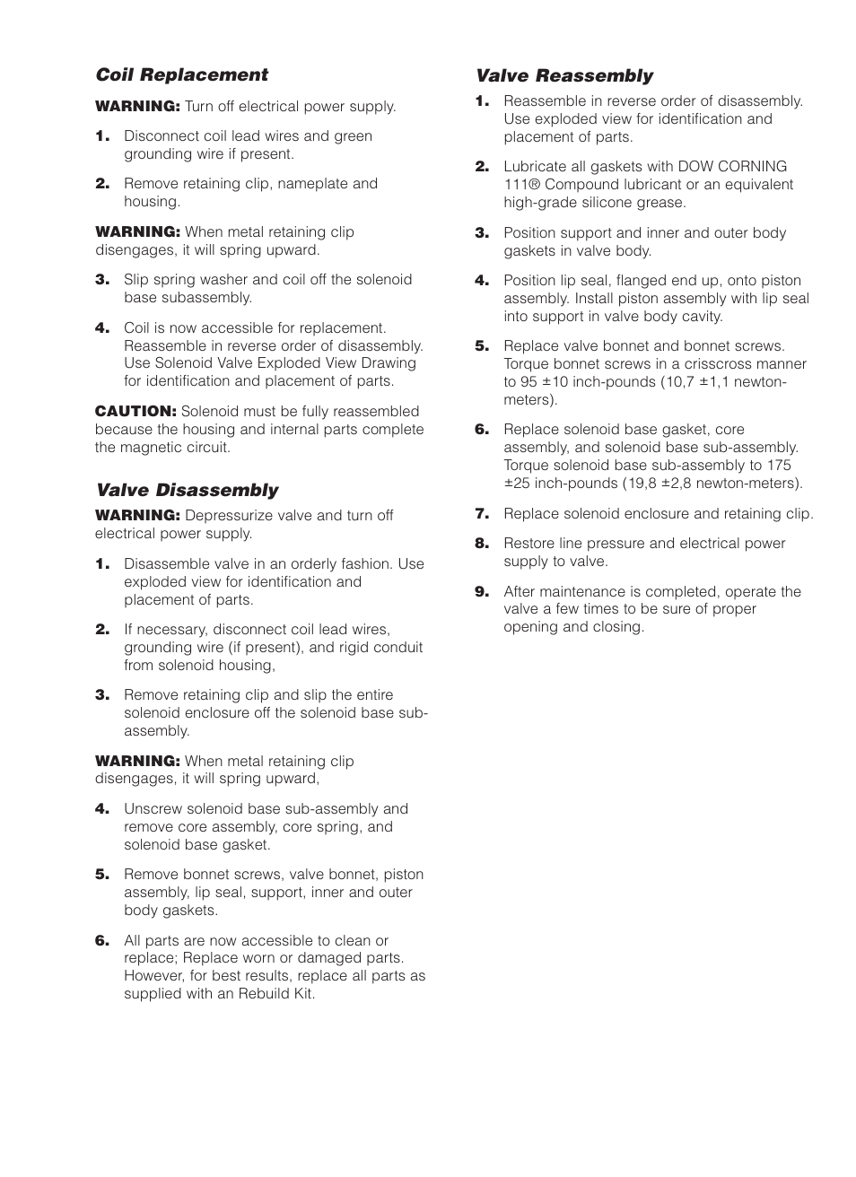 Coil replacement, Valve disassembly, Valve reassembly | Cleveland Range MKDL-125-CC User Manual | Page 40 / 43