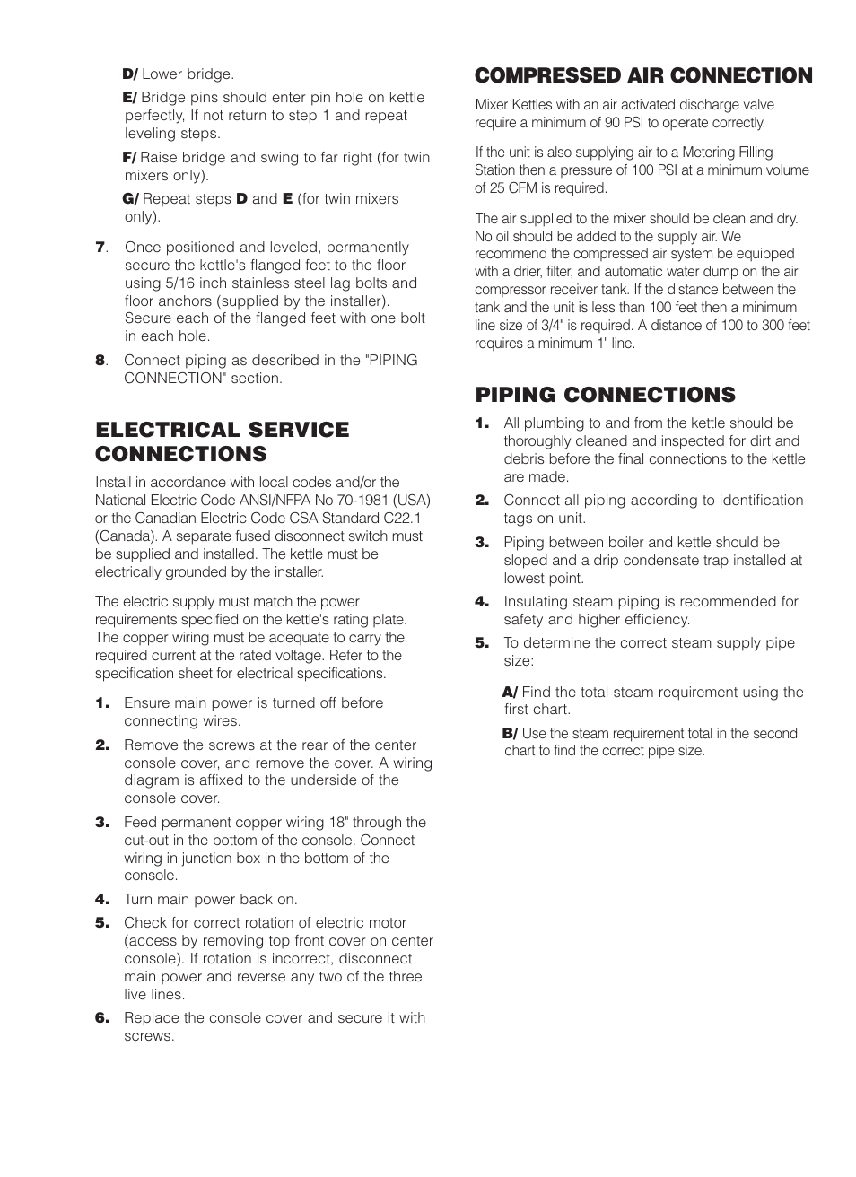 Electrical service connections, Compressed air connection, Piping connections | Cleveland Range MKDL-125-CC User Manual | Page 6 / 43
