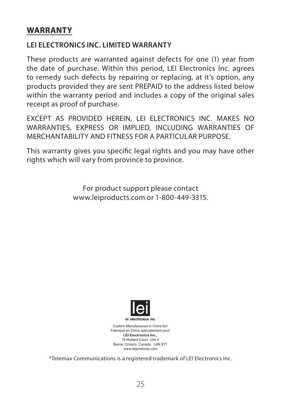 Warranty | LEI Electronics TXDPF9 User Manual | Page 25 / 25