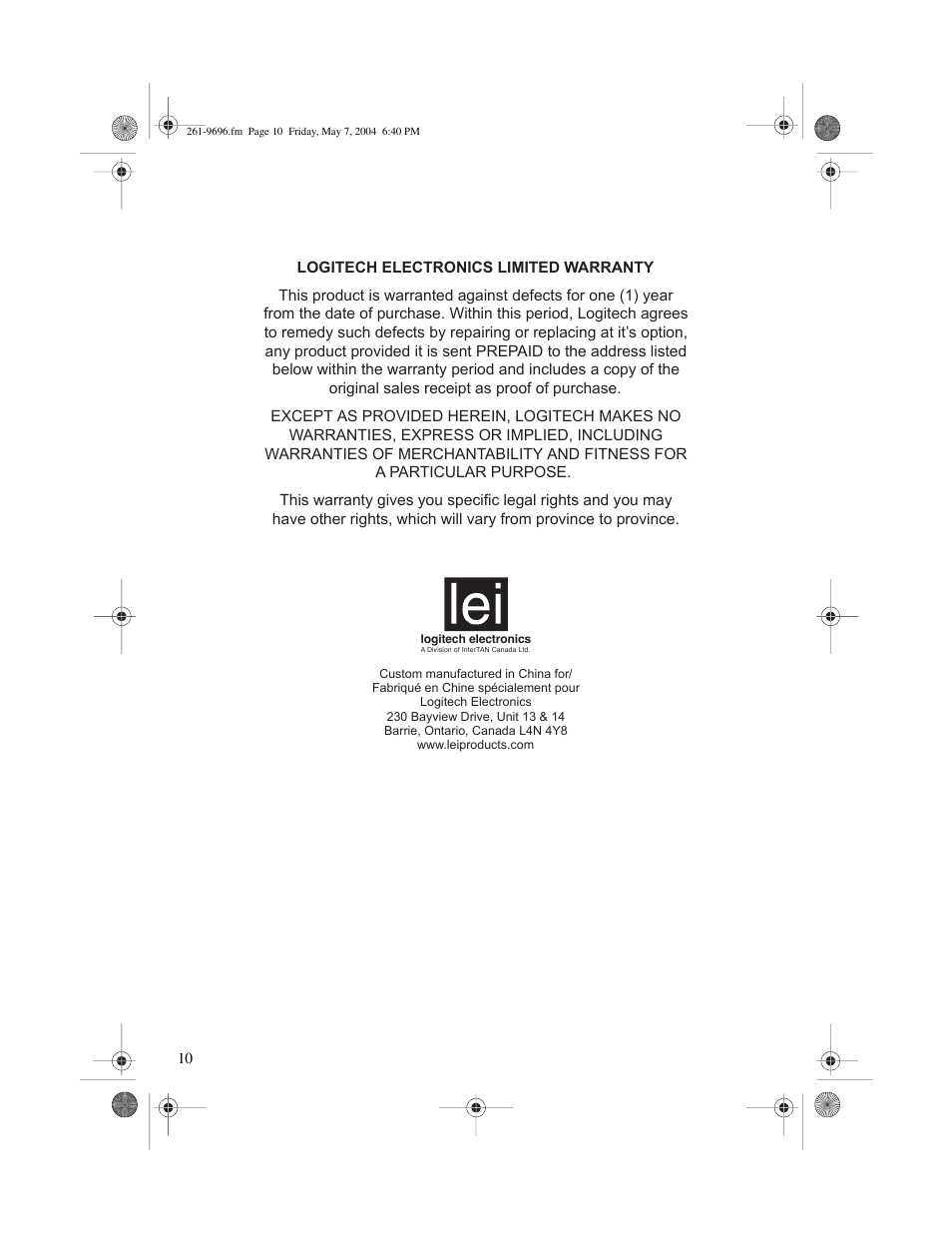 LEI Electronics TX6969 User Manual | Page 10 / 10