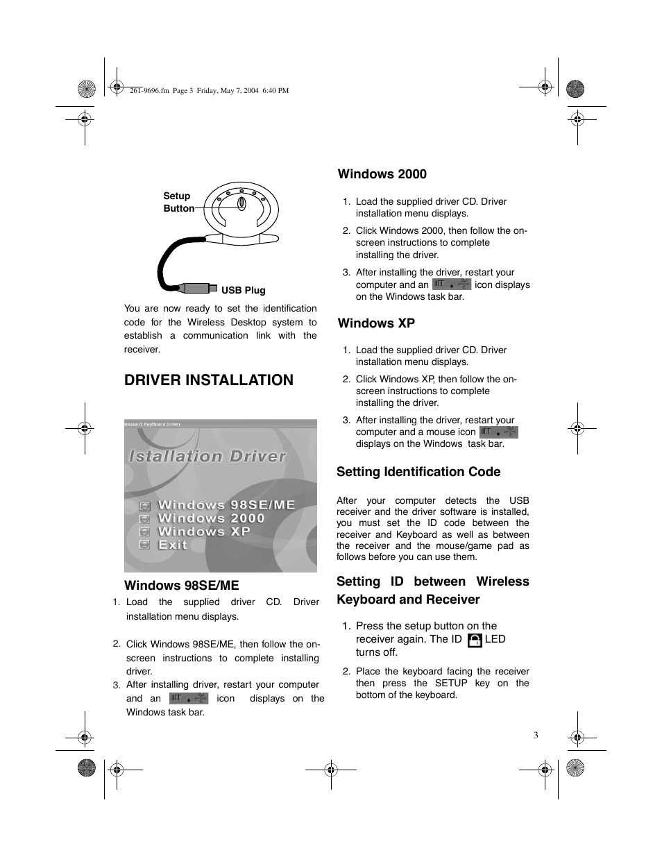 Driver installation, Windows 98se/me, Windows 2000 | Windows xp, Setting identification code, Setting id between wireless keyboard and receiver | LEI Electronics TX6969 User Manual | Page 3 / 10