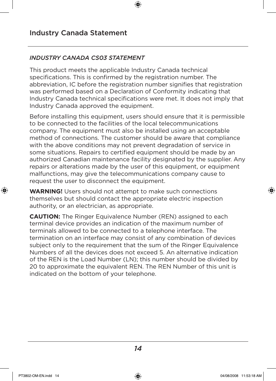 Industry canada statement | LEI Electronics PT3802 User Manual | Page 14 / 16