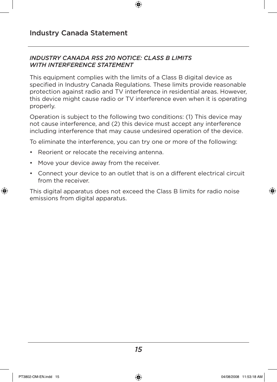 15 industry canada statement | LEI Electronics PT3802 User Manual | Page 15 / 16