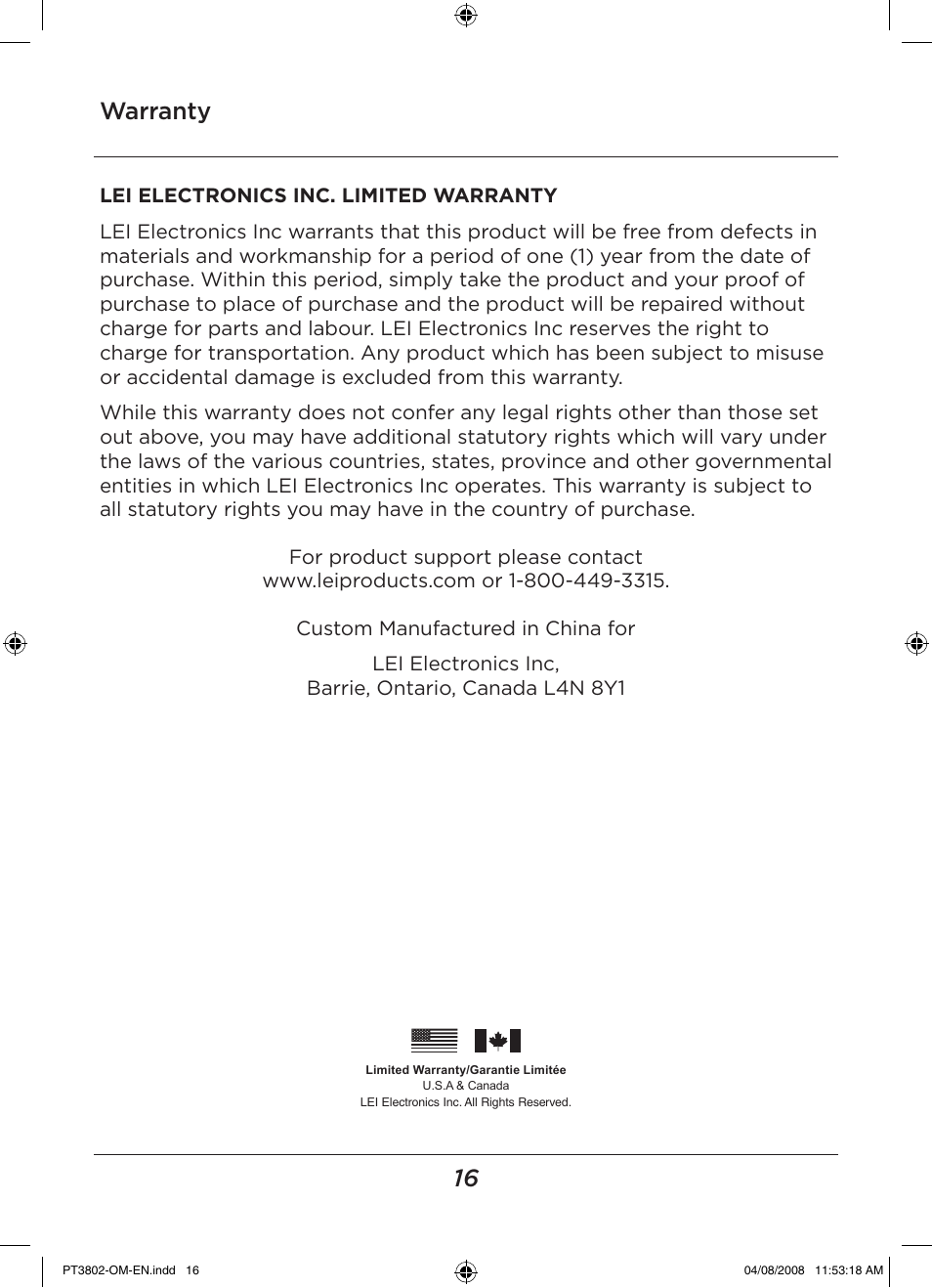 Warranty | LEI Electronics PT3802 User Manual | Page 16 / 16