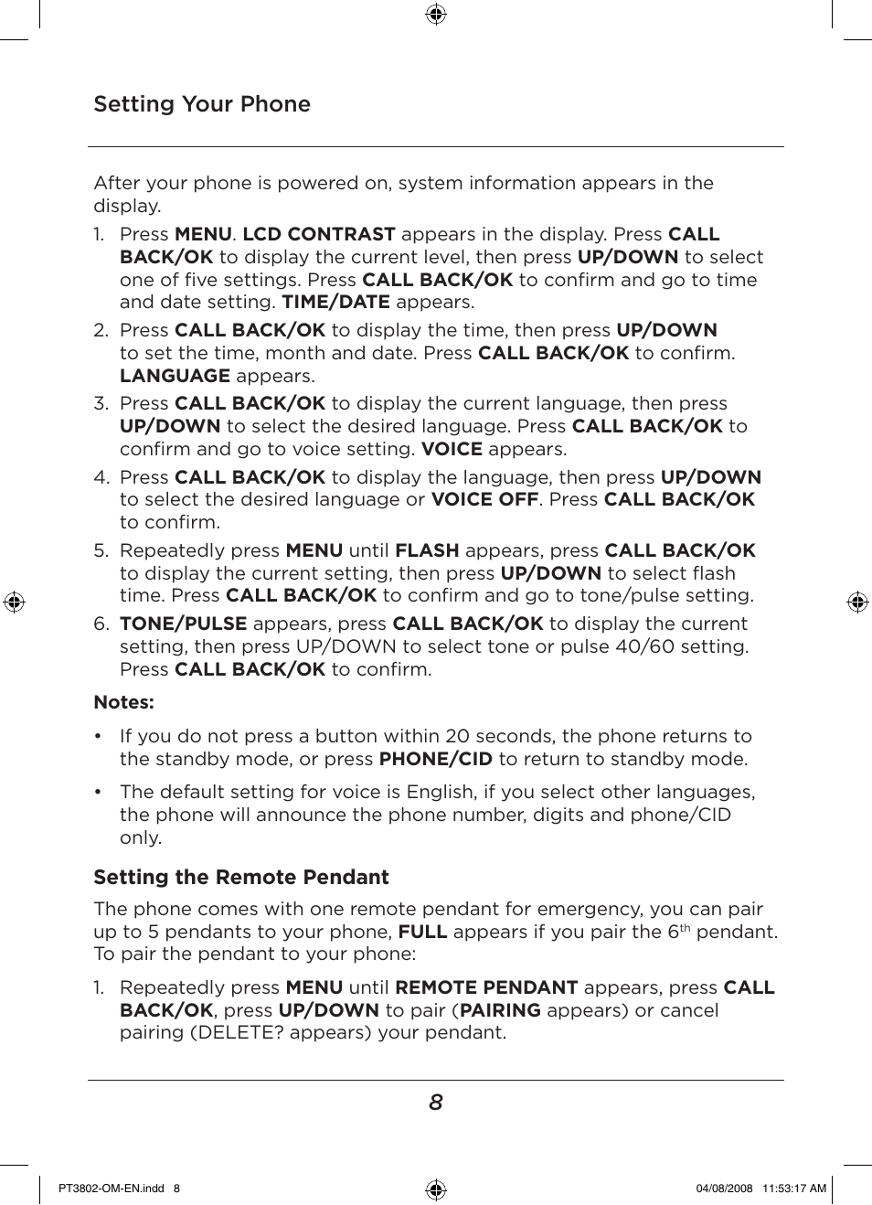 Setting your phone | LEI Electronics PT3802 User Manual | Page 8 / 16