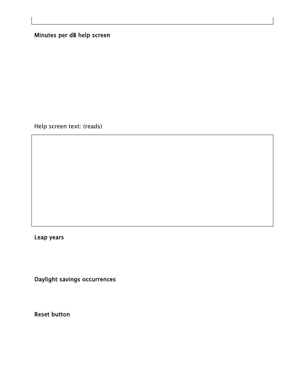 Minutes per db help screen, Leap years, Daylight savings occurrences | Reset button | Lencore Spectra Classic: LP-2 User Manual | Page 10 / 17