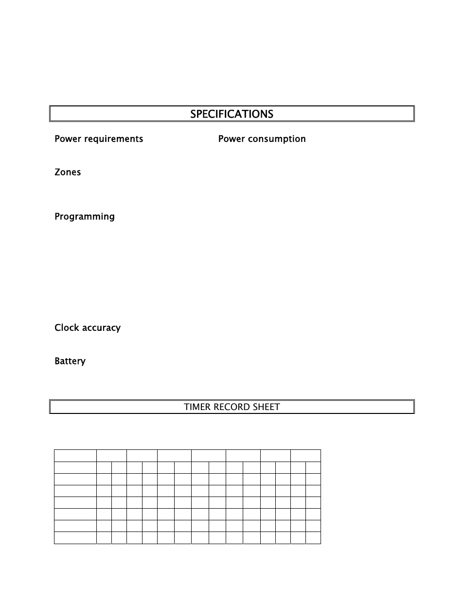 Specifications, Power requirements power consumption, Zones | Programming, Clock accuracy, Battery | Lencore Spectra Classic: LP-2 User Manual | Page 13 / 17