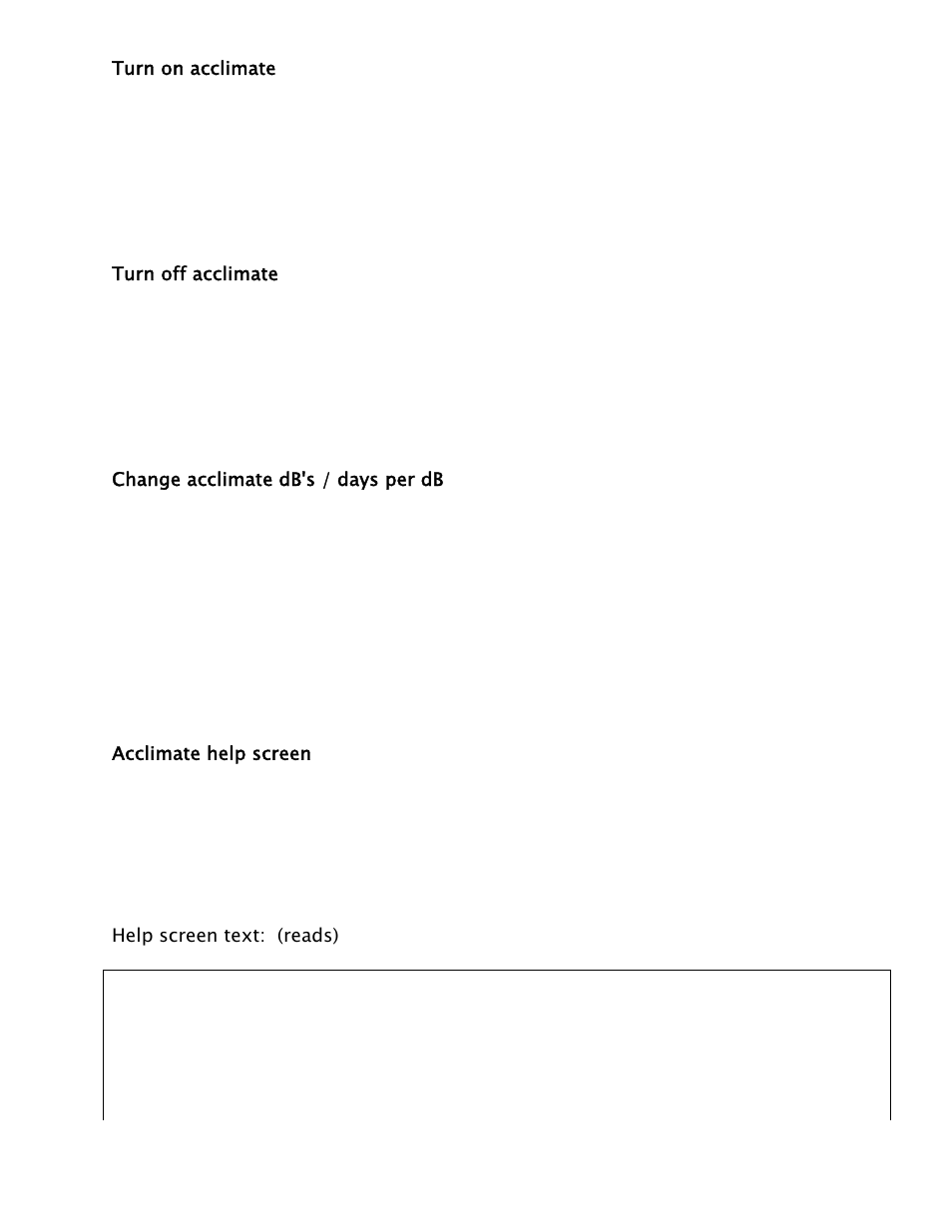 Turn on acclimate, Turn off acclimate, Change acclimate db's / days per db | Acclimate help screen | Lencore Spectra Classic: LP-2 User Manual | Page 9 / 17