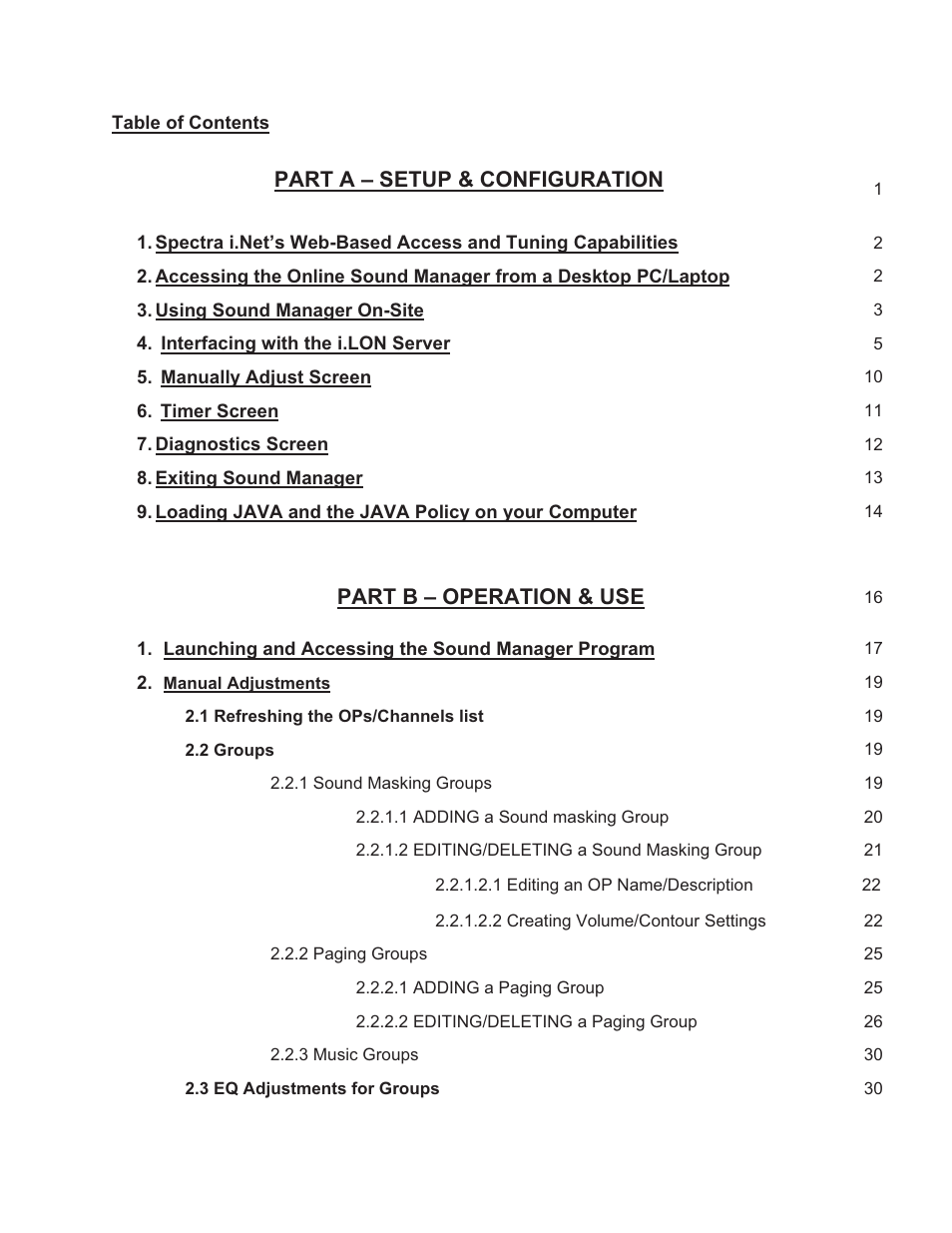 Part a – setup & configuration, Part b – operation & use | Lencore Spectra i.Net: Sound Manager User Manual | Page 2 / 55