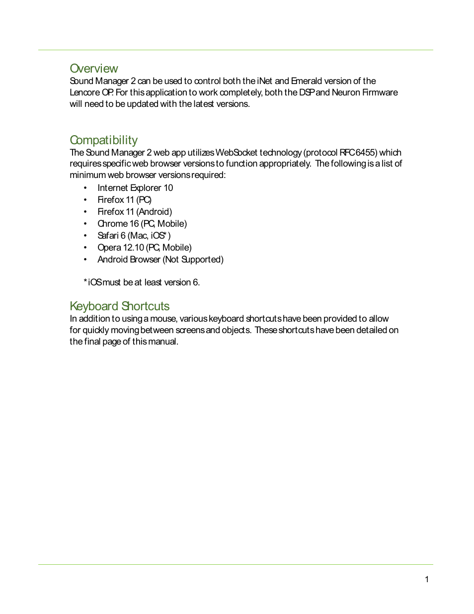 Overview, Compatibility, Keyboard shortcuts | Lencore Spectra i.Net: Sound Manager 2.0 User Manual | Page 3 / 44