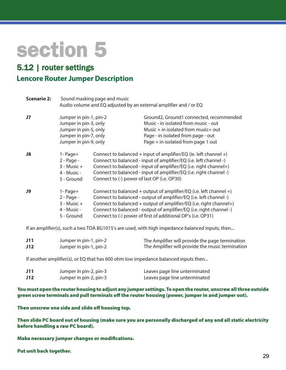12 | router settings, Lencore router jumper description | Lencore Spectra i.Net: Installation and Operations Manual User Manual | Page 33 / 58