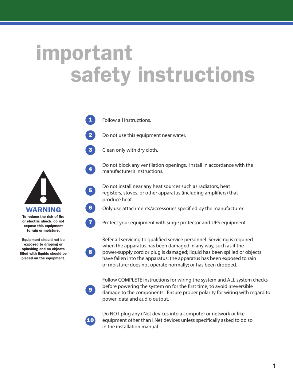 Important safety instructions, Warning | Lencore Spectra i.Net: Installation and Operations Manual User Manual | Page 5 / 58