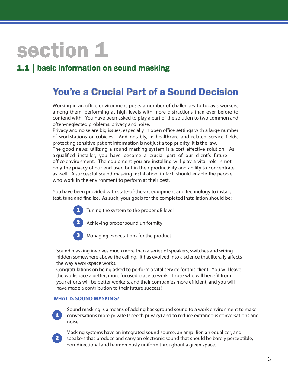 You’re a crucial part of a sound decision, 1 | basic information on sound masking | Lencore Spectra i.Net: Installation and Operations Manual User Manual | Page 7 / 58