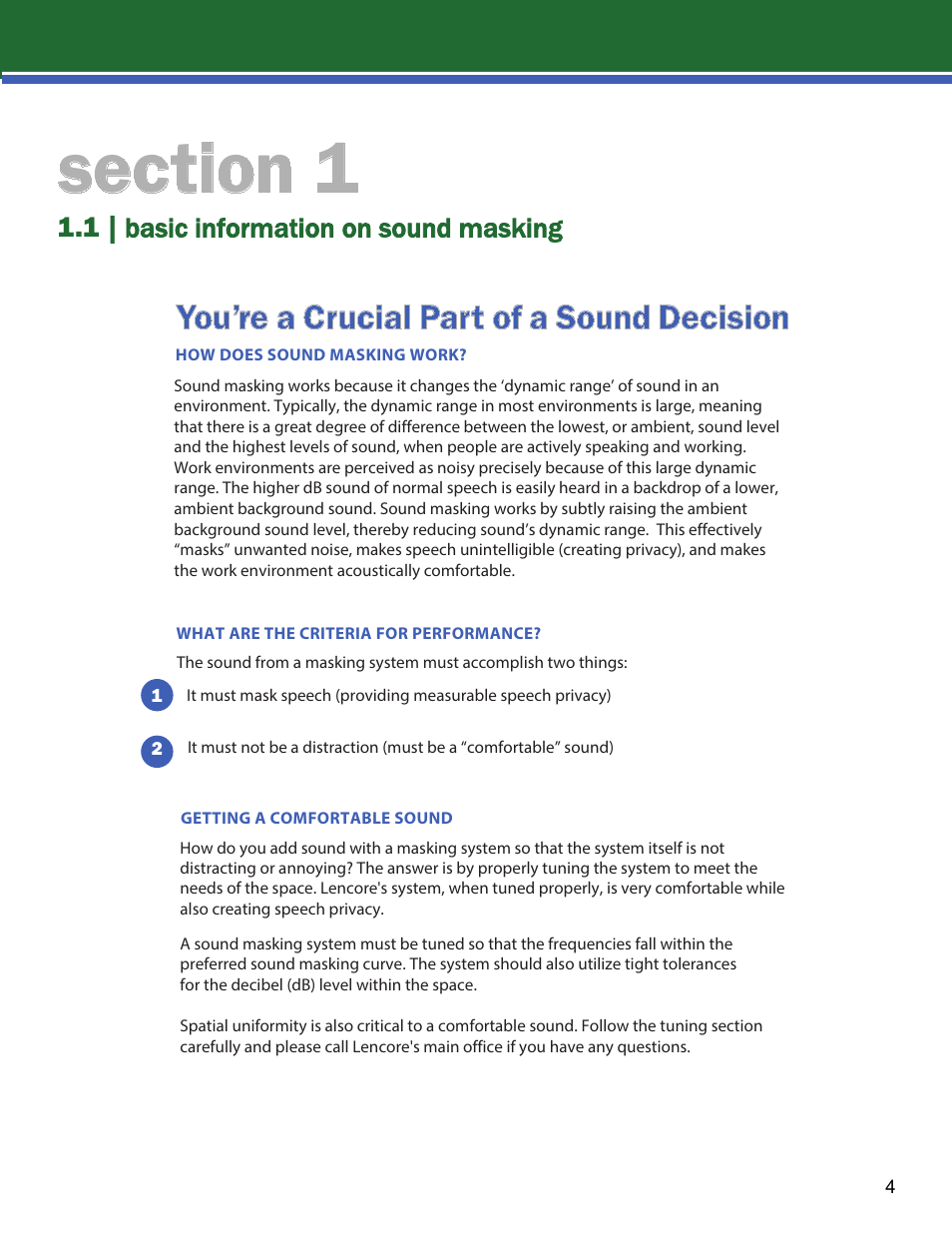 You’re a crucial part of a sound decision, 1 | basic information on sound masking | Lencore Spectra i.Net: Installation and Operations Manual User Manual | Page 8 / 58