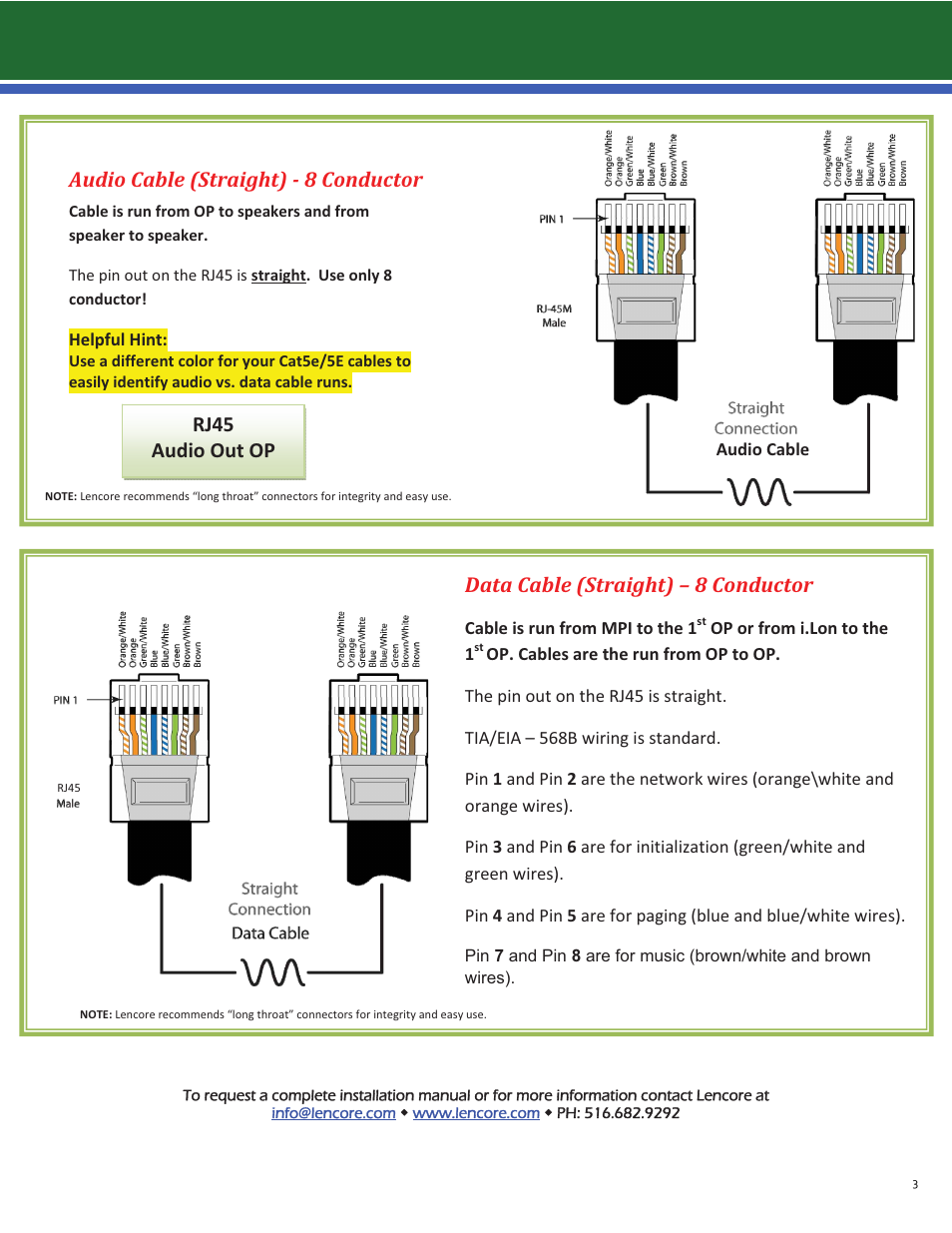 Data cable (straight) – 8 conductor, Audio cable (straight) ǧ 8 conductor, Rj45 audio out op | Lencore Spectra i.Net: Quick Installation Guide User Manual | Page 4 / 13