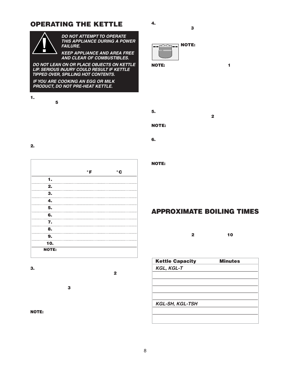 Operating the kettle, Approximate boiling times | Cleveland Range KGL-60-T User Manual | Page 11 / 42
