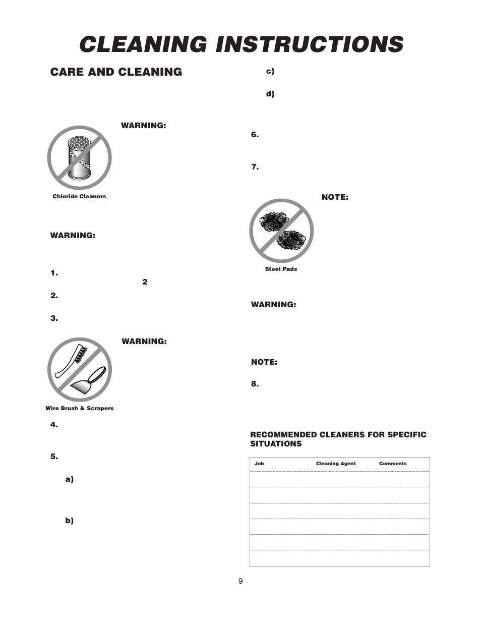 Cleaning instructions, Care and cleaning | Cleveland Range KGL-60-T User Manual | Page 12 / 42