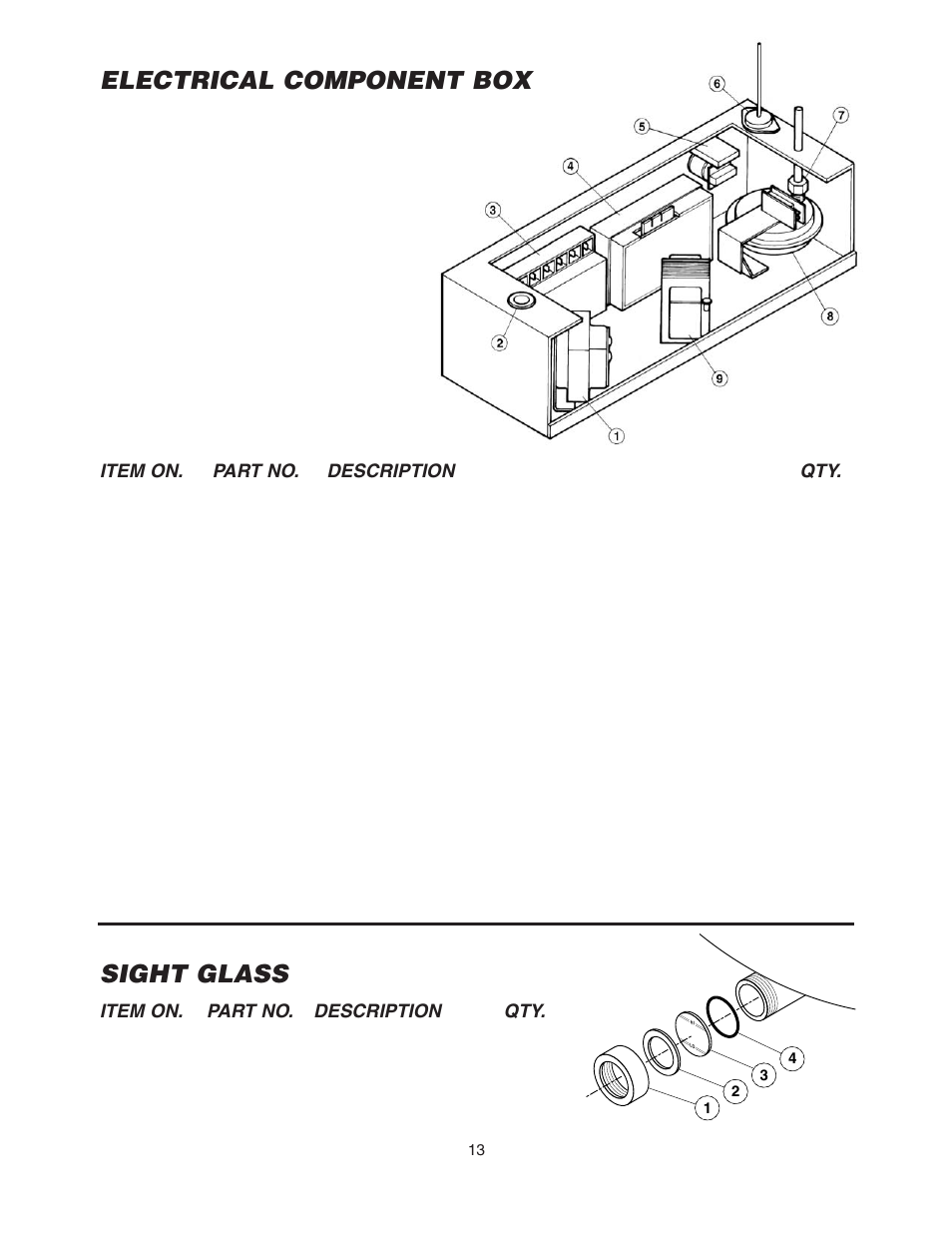 Electrical component box, Sight glass, Item on. part no. description qty | Cleveland Range KGL-60-T User Manual | Page 16 / 42