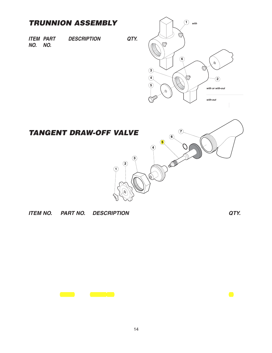Trunnion assembly, Tangent draw-off valve, Item part description qty. no. no | Item no. part no. description qty | Cleveland Range KGL-60-T User Manual | Page 17 / 42