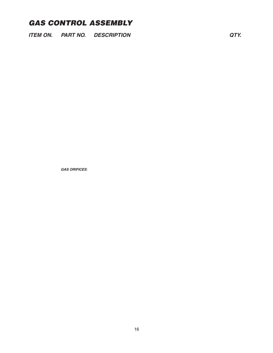 Gas control assembly, Item on. part no. description qty | Cleveland Range KGL-60-T User Manual | Page 19 / 42