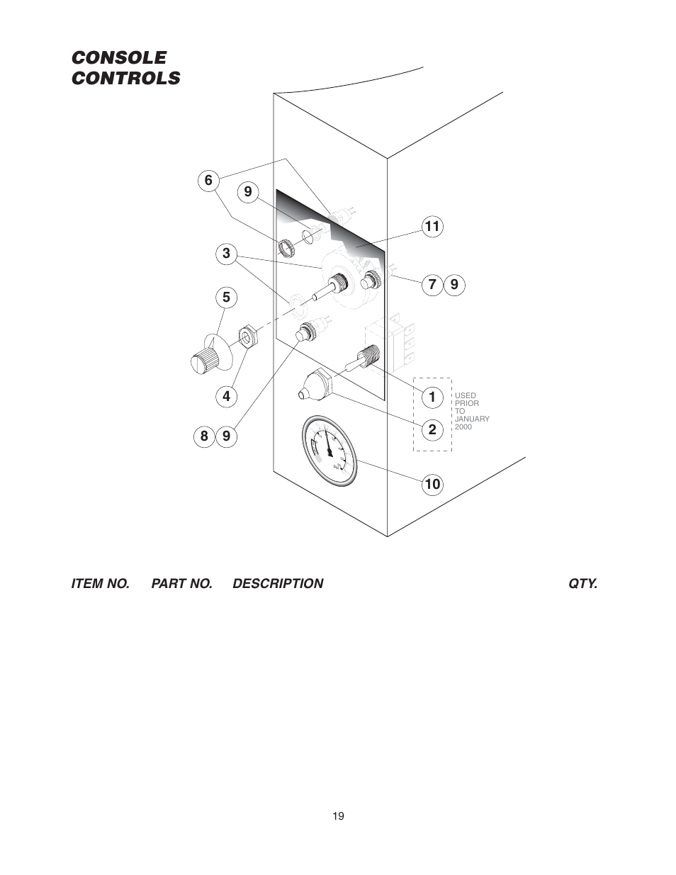 Console controls, Item no. part no. description qty | Cleveland Range KGL-60-T User Manual | Page 22 / 42