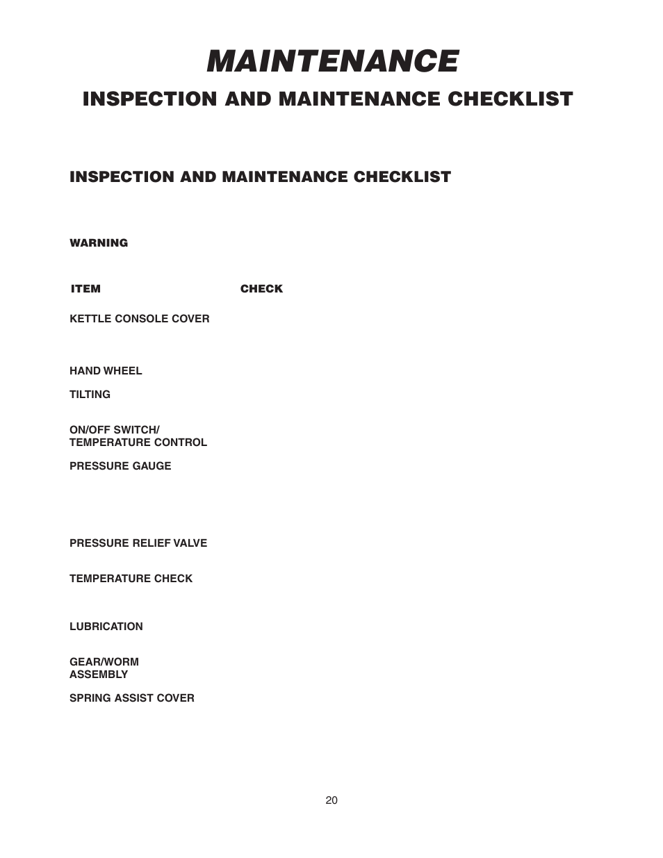 Maintenance, Inspection and maintenance checklist | Cleveland Range KGL-60-T User Manual | Page 23 / 42