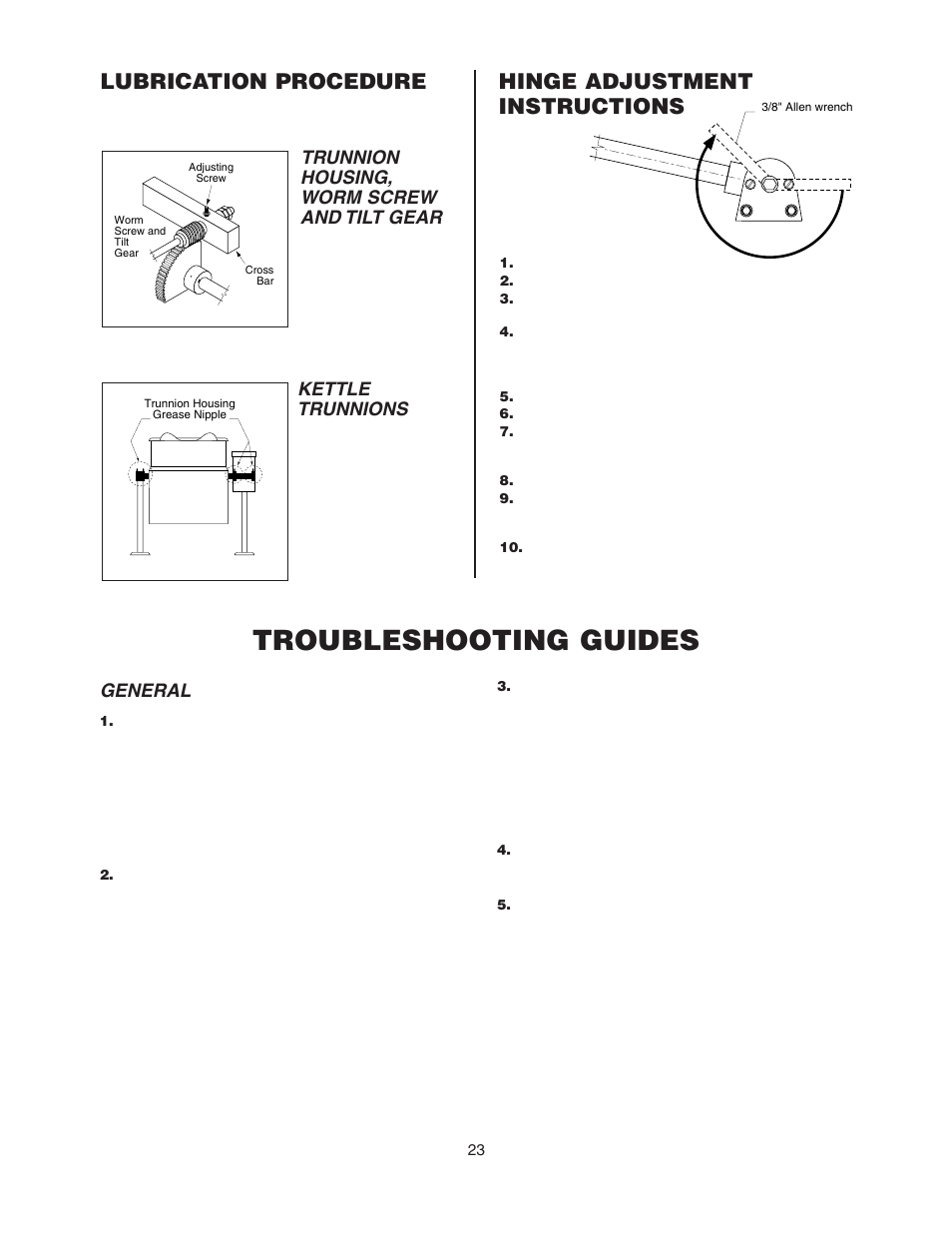 Troubleshooting guides, Lubrication procedure, Hinge adjustment instructions | General, Trunnion housing, worm screw and tilt gear, Kettle trunnions | Cleveland Range KGL-60-T User Manual | Page 26 / 42