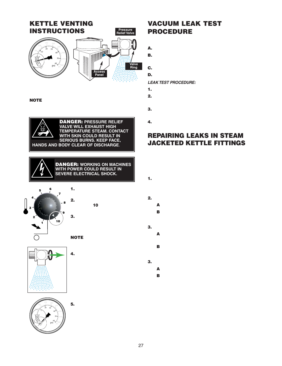 Kettle venting instructions, Vacuum leak test procedure, Repairing leaks in steam jacketed kettle fittings | Danger | Cleveland Range KGL-60-T User Manual | Page 30 / 42