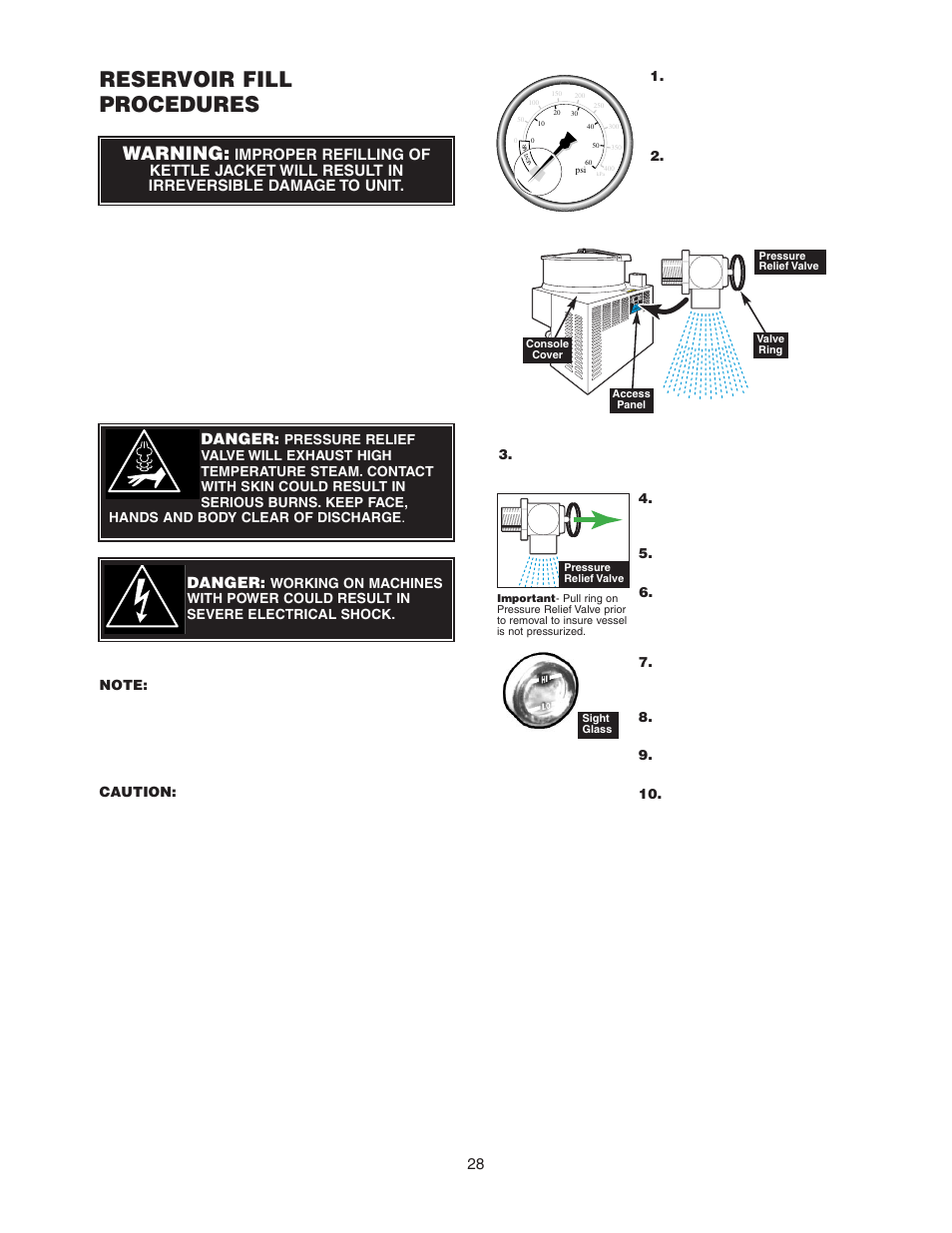 Reservoir fill procedures, Warning, Danger | Cleveland Range KGL-60-T User Manual | Page 31 / 42