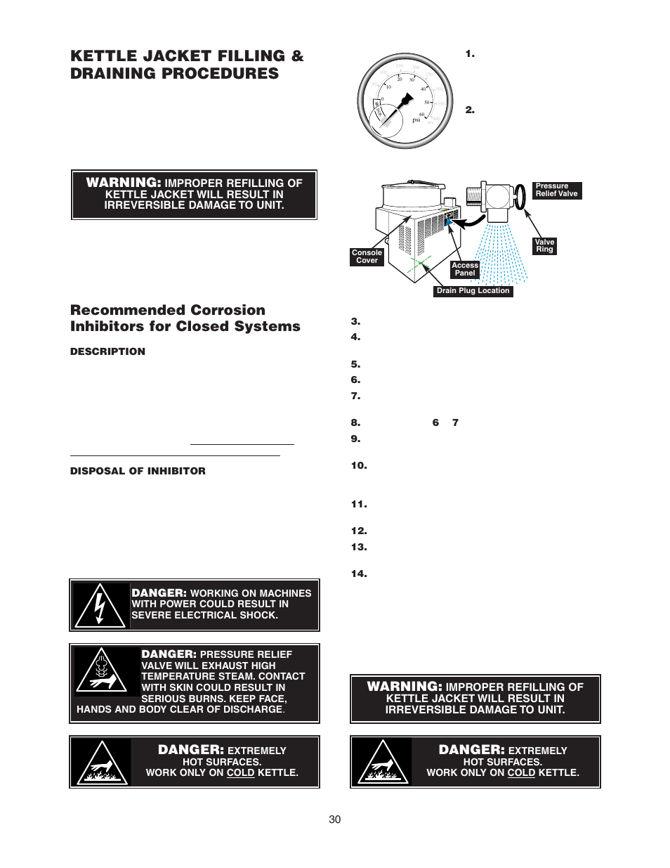 Kettle jacket filling & draining procedures, Warning, Danger | Cleveland Range KGL-60-T User Manual | Page 33 / 42