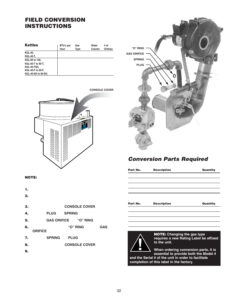 Conversion parts required, Natural gas to propane gas, Field conversion instructions | Kgl-40 | Cleveland Range KGL-60-T User Manual | Page 35 / 42