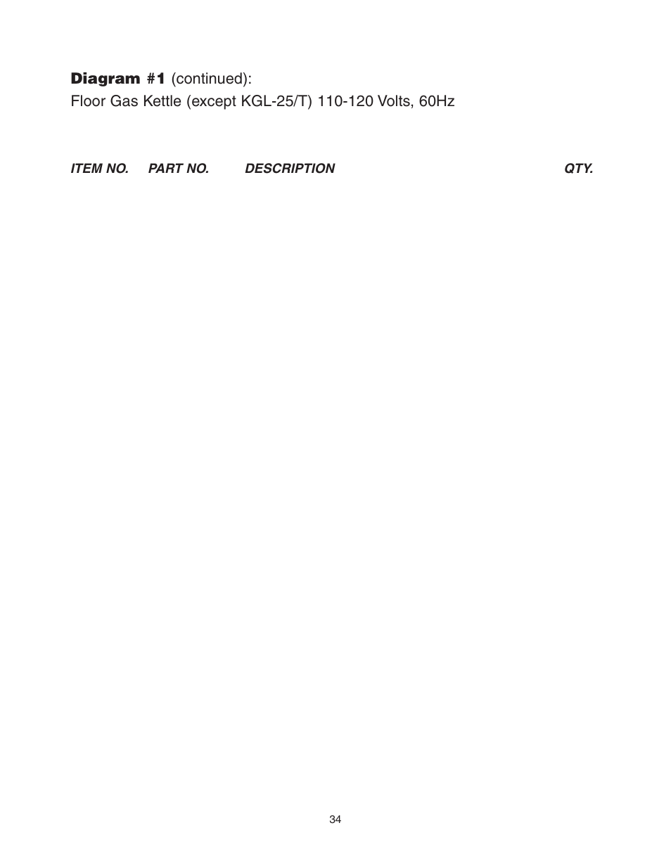 Item no. part no. description qty | Cleveland Range KGL-60-T User Manual | Page 37 / 42