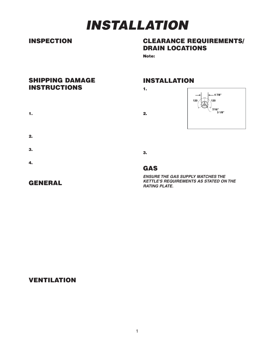 Inspection, Shipping damage instructions, General | Ventilation, Clearance requirements/ drain locations, Installation | Cleveland Range KGL-60-T User Manual | Page 4 / 42