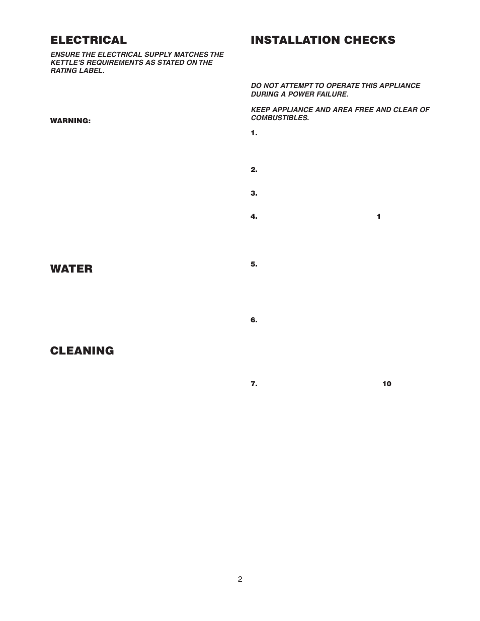 Electrical, Water, Cleaning | Installation checks | Cleveland Range KGL-60-T User Manual | Page 5 / 42
