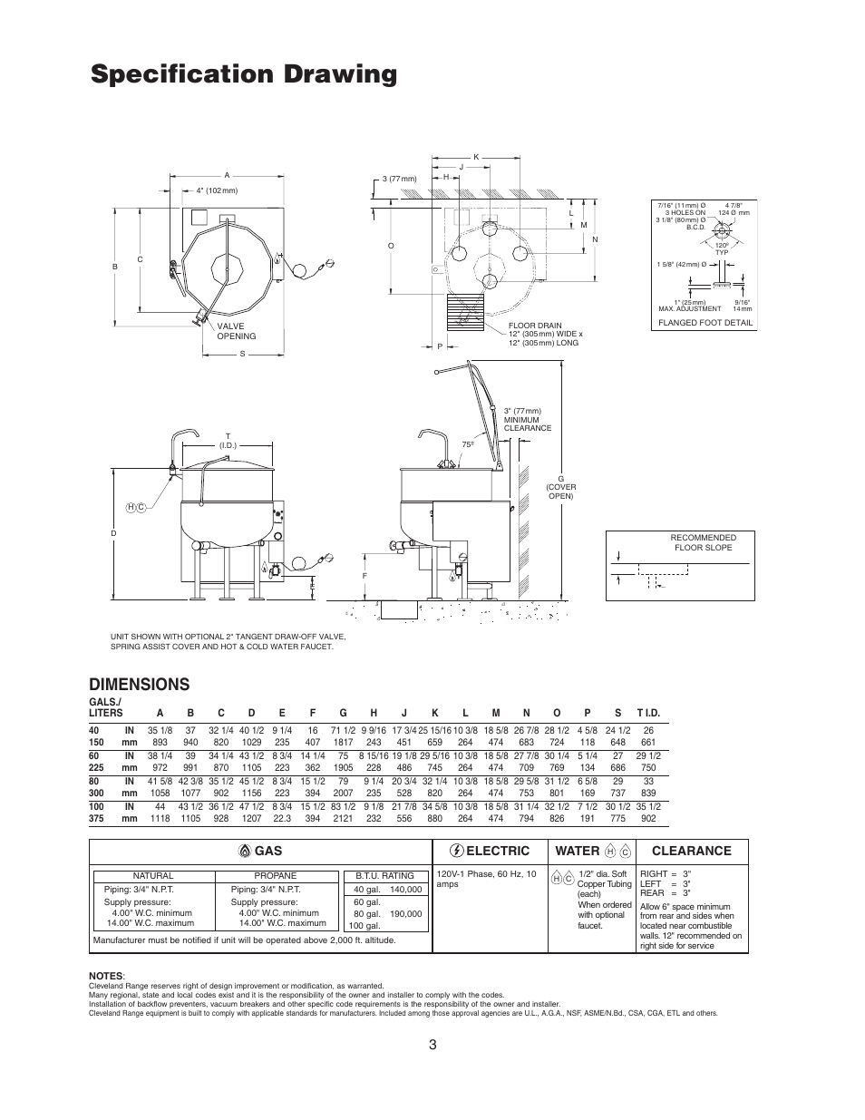 Specification drawing, Dimensions, Water electric | Gas clearance | Cleveland Range KGL-60-T User Manual | Page 6 / 42
