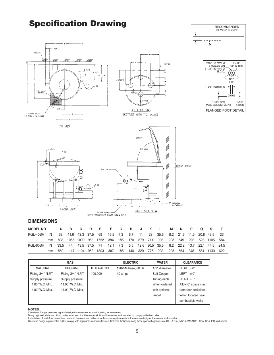 Specification drawing, Short series, kgl-40-sh, kgl-60-sh, Dimensions | Cleveland Range KGL-60-T User Manual | Page 8 / 42