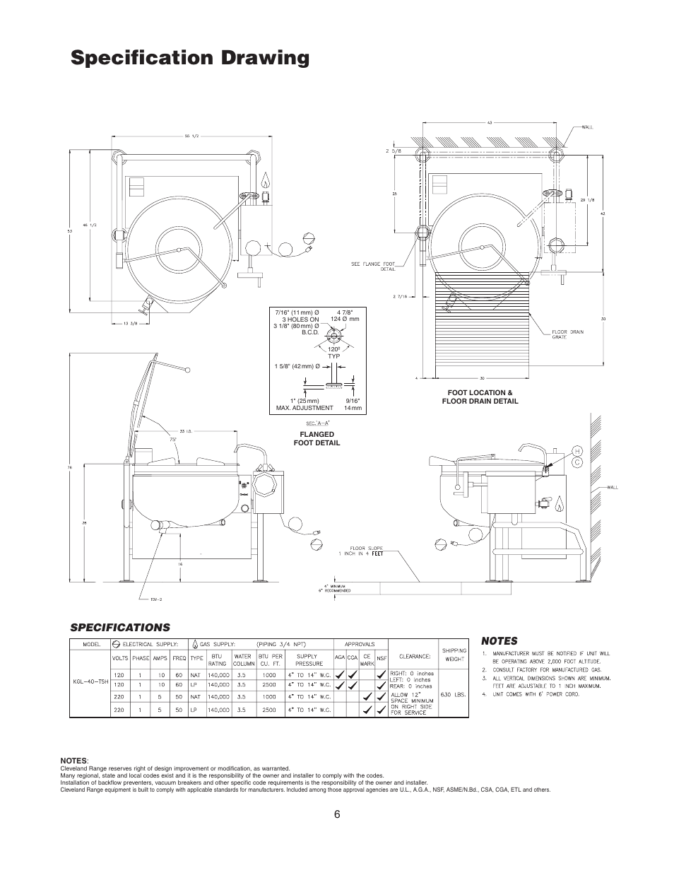 Specification drawing, Short series, kgl-40-tsh | Cleveland Range KGL-60-T User Manual | Page 9 / 42