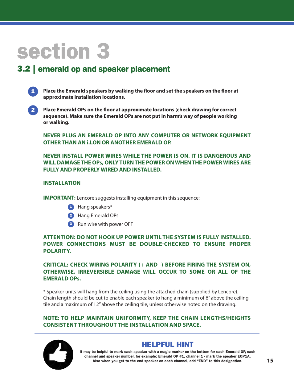 2 | emerald op and speaker placement, Helpful hint | Lencore n.Form: Installation and Operations Manual User Manual | Page 18 / 35