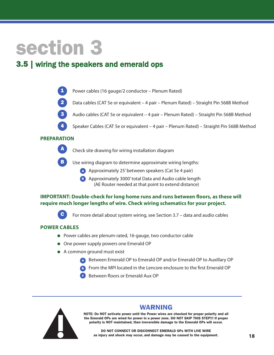 5 | wiring the speakers and emerald ops, Warning | Lencore n.Form: Installation and Operations Manual User Manual | Page 21 / 35