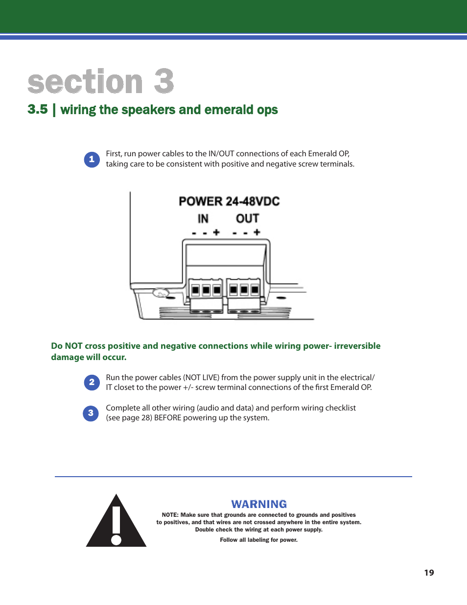 5 | wiring the speakers and emerald ops, Warning | Lencore n.Form: Installation and Operations Manual User Manual | Page 22 / 35