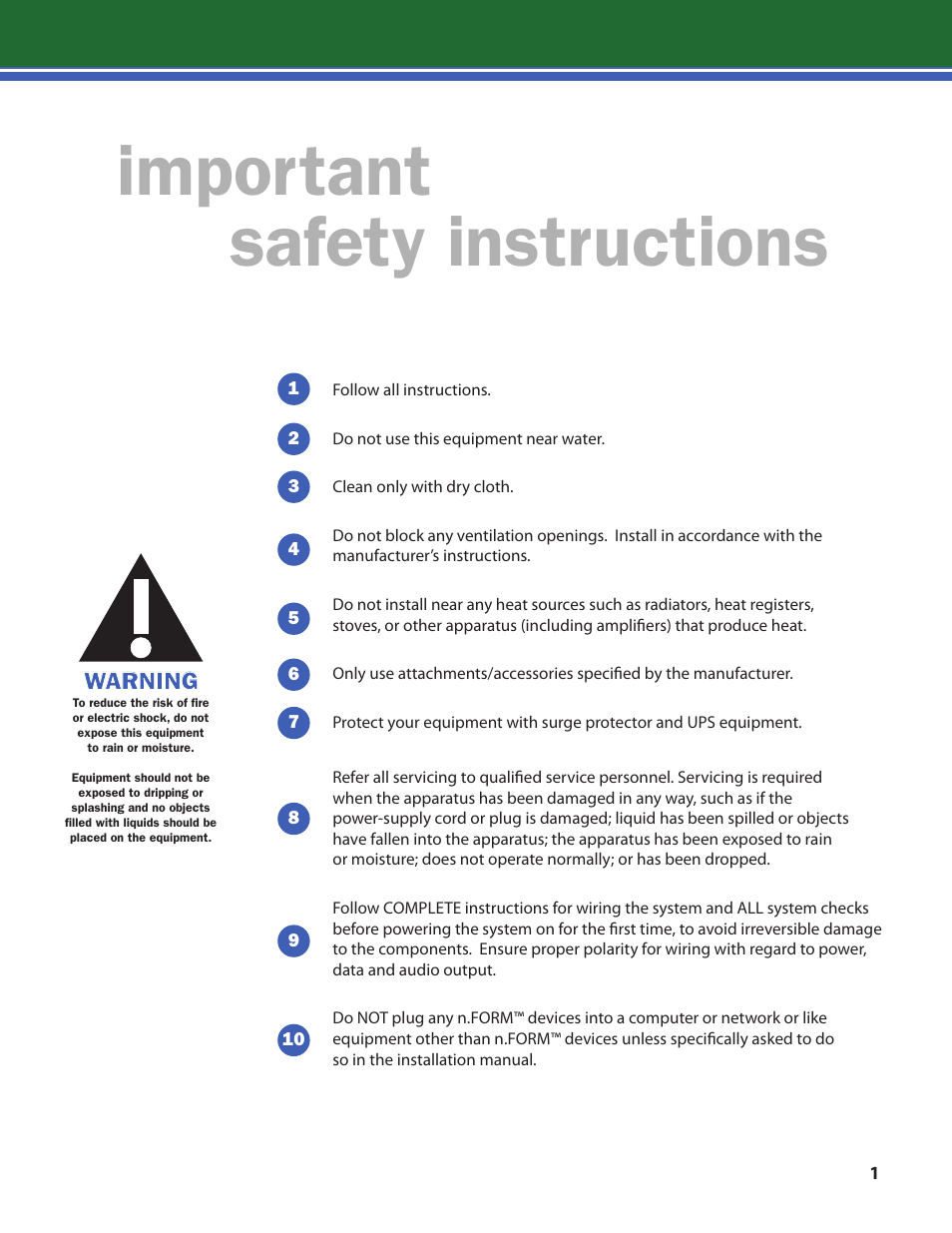 Important safety instructions, Warning | Lencore n.Form: Installation and Operations Manual User Manual | Page 4 / 35