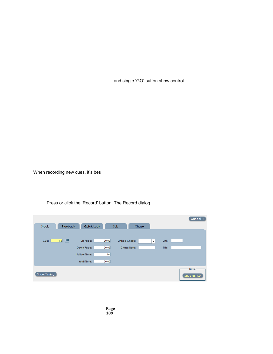 Cue stack, Ecording cues, Xc users manual | Leprecon XC 350 User Manual | Page 109 / 144