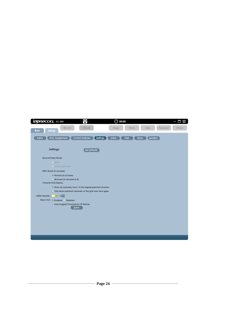 Settings, 4 settings, Xc users manual | Leprecon XC 350 User Manual | Page 26 / 144