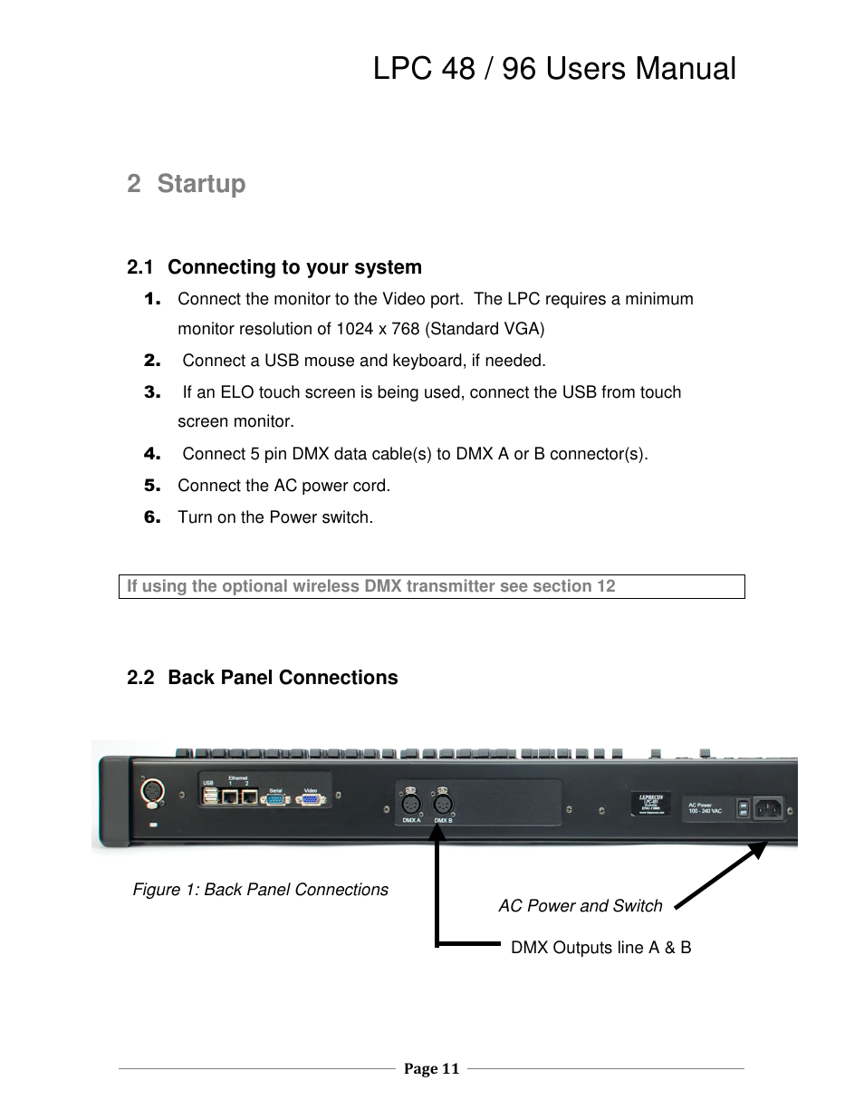 Lpc 48 / 96 users manual, 2 startup | Leprecon LPC V2 User's Manual User Manual | Page 11 / 122