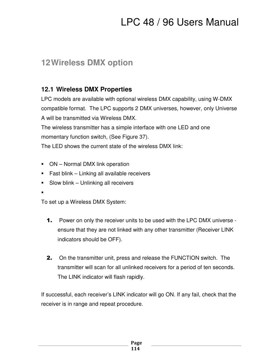 Lpc 48 / 96 users manual, 12 wireless dmx option | Leprecon LPC V2 User's Manual User Manual | Page 114 / 122