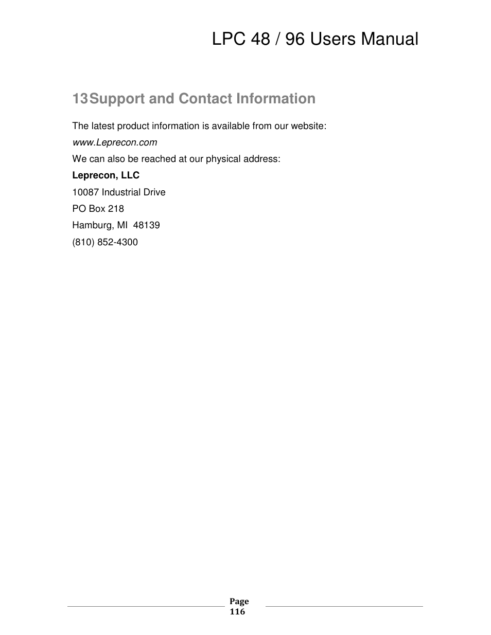 Lpc 48 / 96 users manual, 13 support and contact information | Leprecon LPC V2 User's Manual User Manual | Page 116 / 122