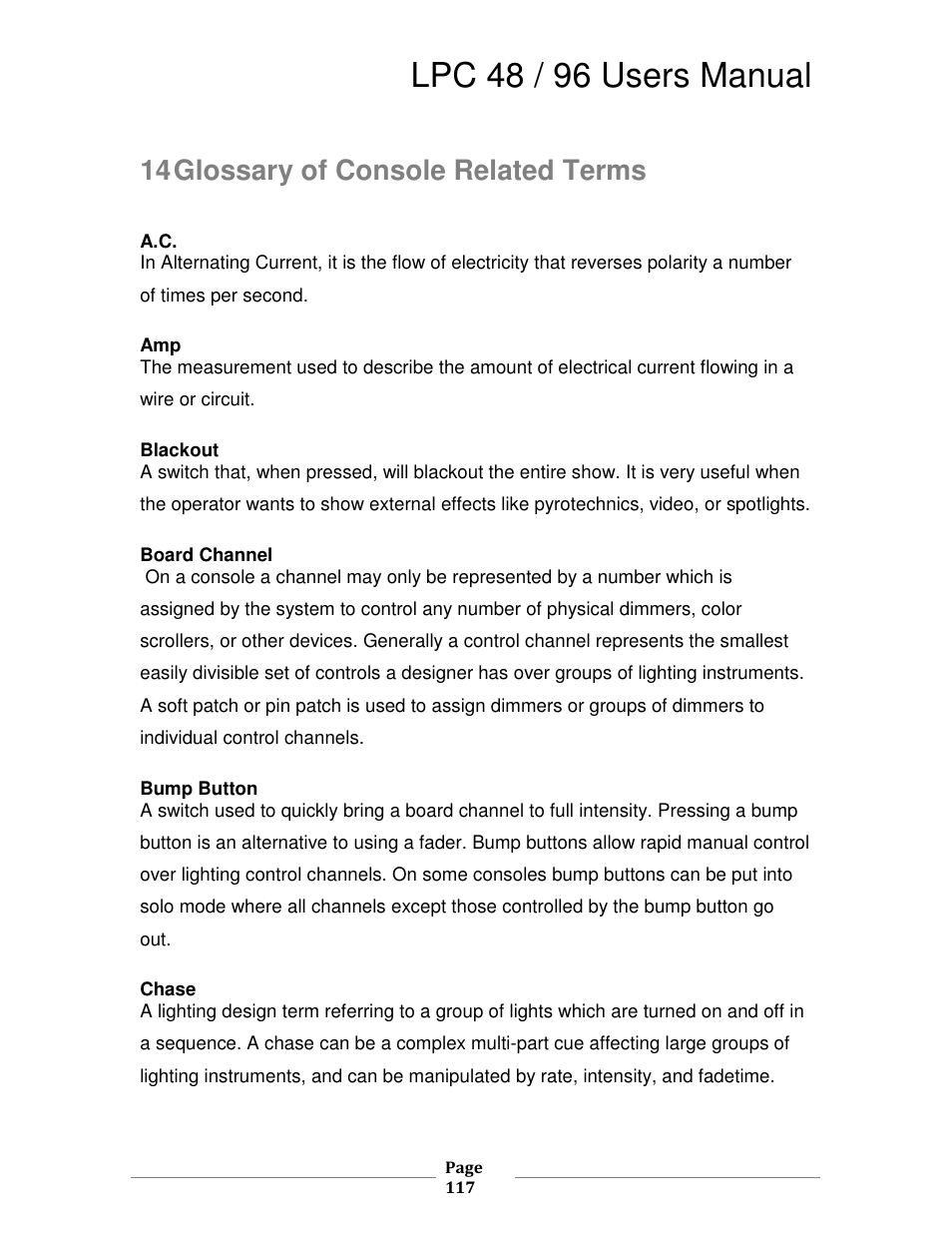 Lpc 48 / 96 users manual, 14 glossary of console related terms | Leprecon LPC V2 User's Manual User Manual | Page 117 / 122