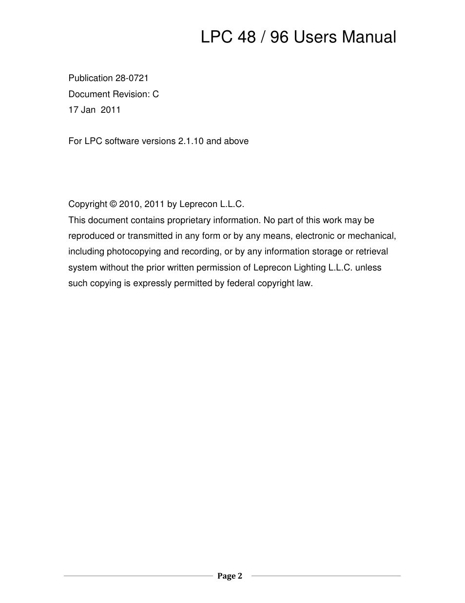 Lpc 48 / 96 users manual | Leprecon LPC V2 User's Manual User Manual | Page 2 / 122